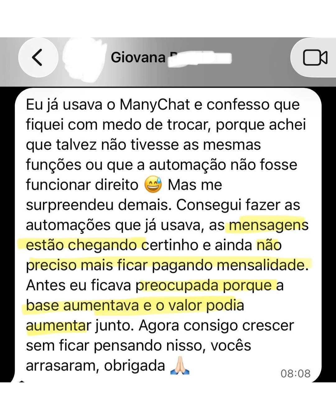 Depoimento de Giovana sobre a Automa Insta