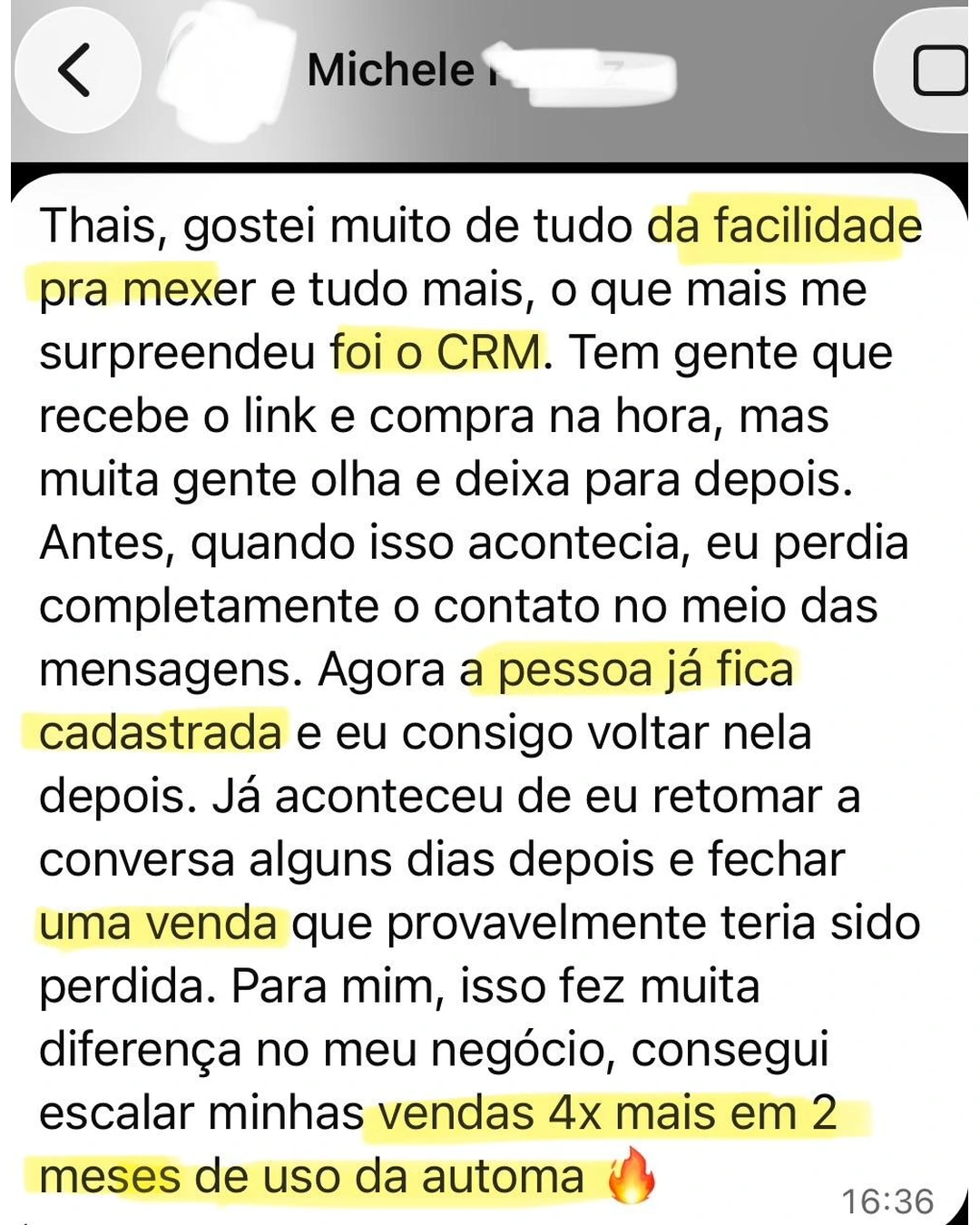 Depoimento de Michele sobre a Automa Insta